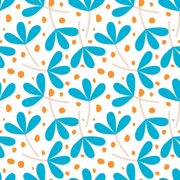 Seamless pattern with blue flowers and orange dots on a white background