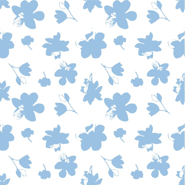 Seamless pattern with blue flowers on a white background.