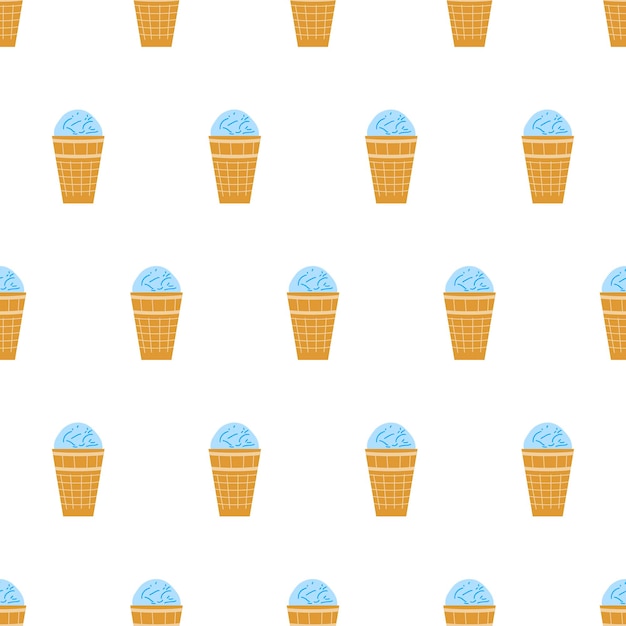 Vector seamless pattern with blue ice creams in waffle cups