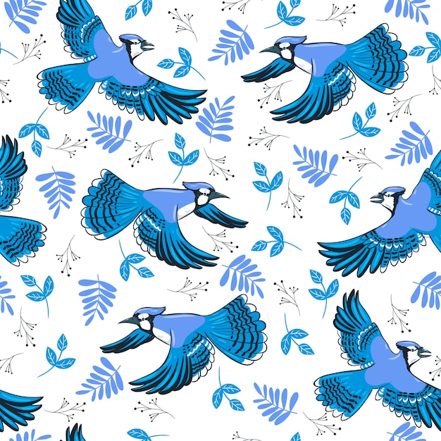 Seamless pattern with blue jays in flight.