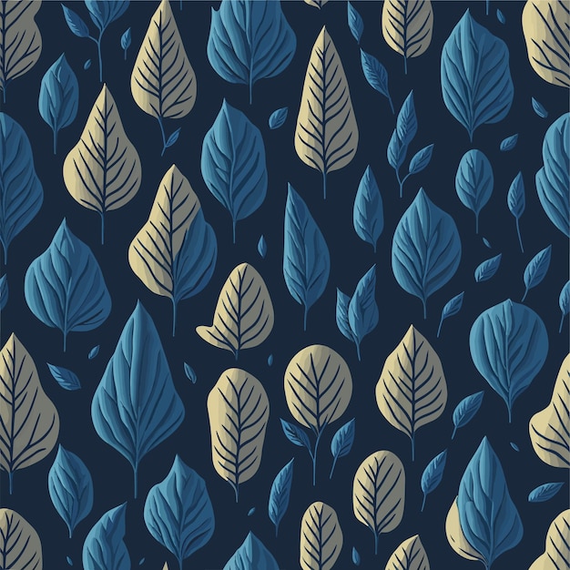 Vector a seamless pattern with blue leaves on a dark background.