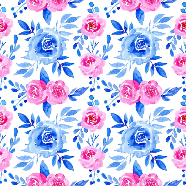 seamless pattern with blue and pink watercolor floral