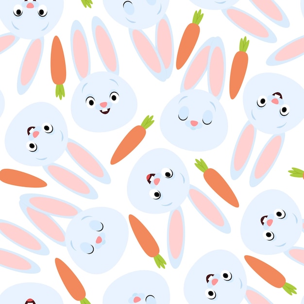 Seamless pattern with blue rabbit muzzles and carrots