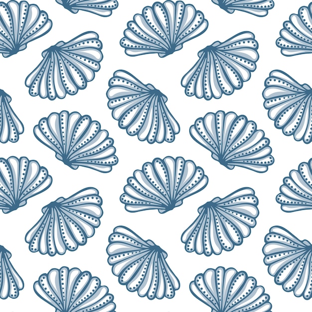 흰색 배경에 파란색 조개가 있는 원활한 패턴 해양 배경 인쇄 섬유