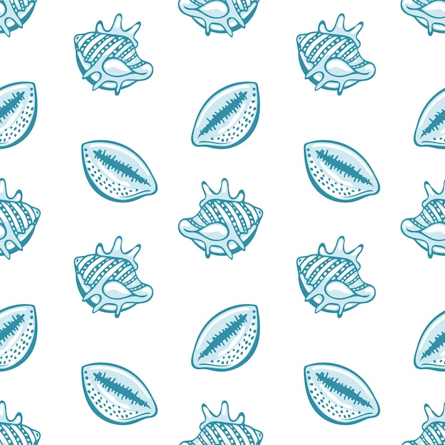 Seamless pattern with blue seashells on a white background Marine background print textile