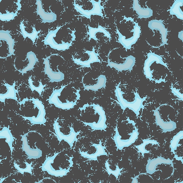 Seamless pattern with blue splashes and splashes of water on a dark gray background