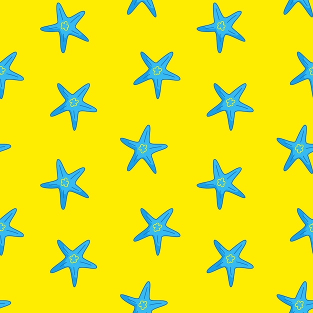 Seamless pattern with blue starfish on a yellow background Vector illustration in a flat style