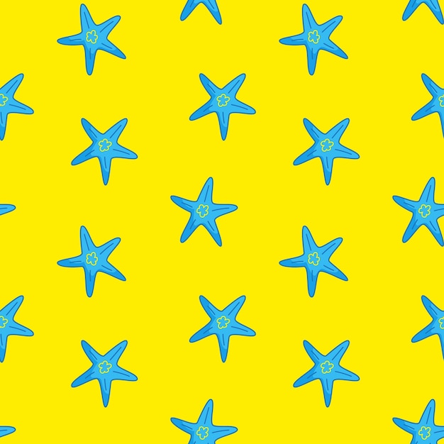 Seamless pattern with blue starfish on a yellow background vector illustration in a flat style