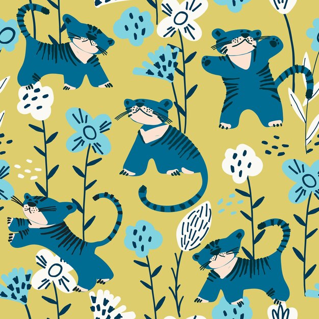 Seamless pattern with blue tiger cubs playing among the flowers Childs drawing style Wallpaper backgound for kids Perfect for baby toddler clothing bed linen