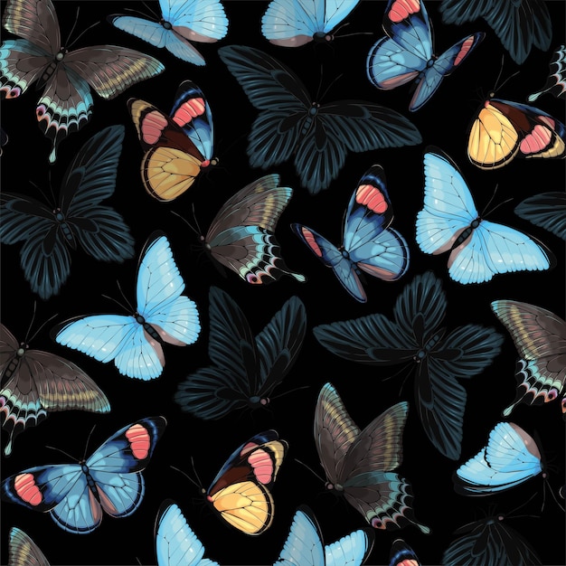 Vector seamless pattern with blue and yellow butterflies