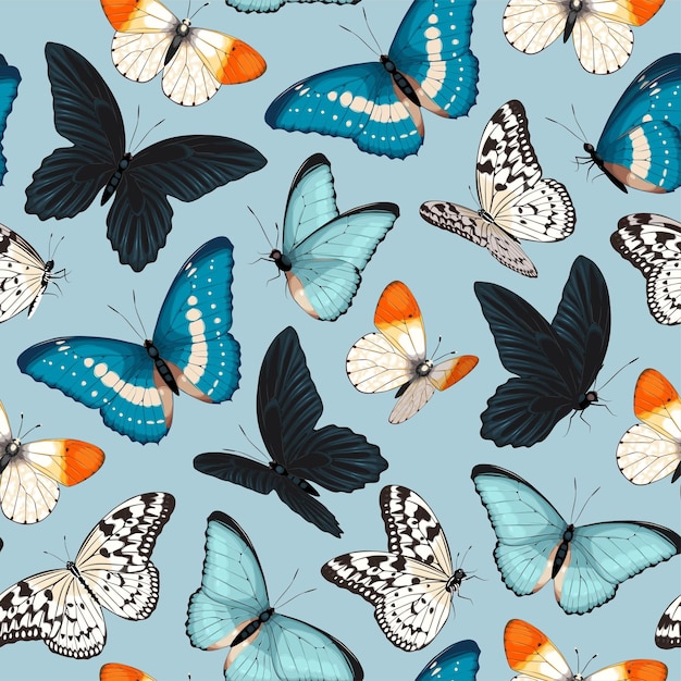 Бесшовный рисунок с голубыми и желтыми бабочками