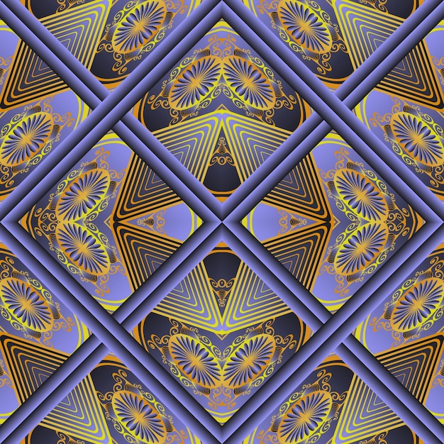 A seamless pattern with a blue and yellow design with a gold design.