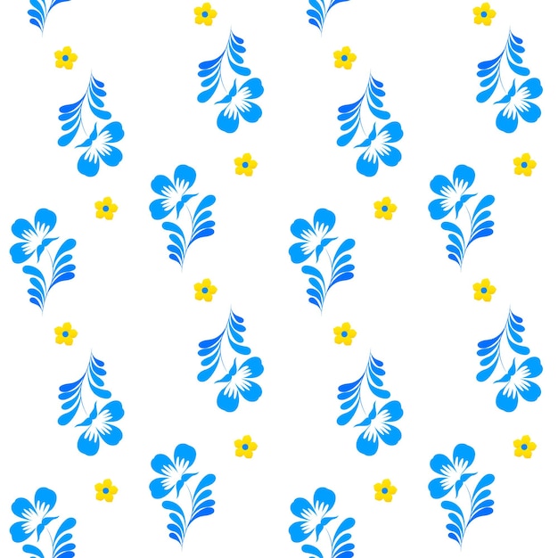 Бесшовный узор с голубыми и желтыми цветами Петриковка Орнаментальное народное искусство
