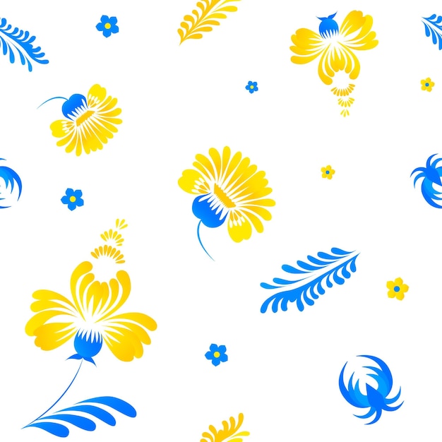 Seamless pattern with blue and yellow flowers Petrykivka Ornamental folk art