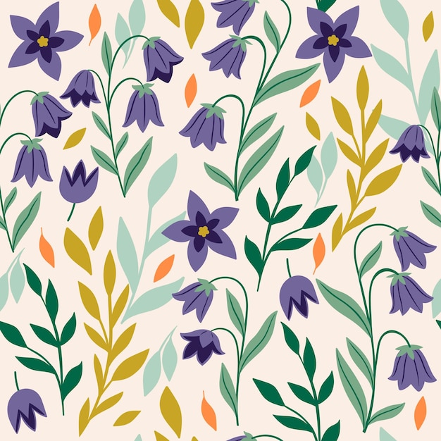 Seamless pattern with bluebell flowers and leaves Vector graphics