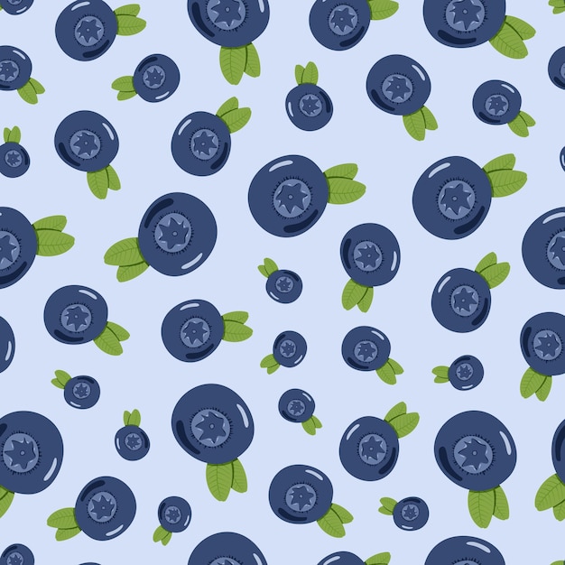 Seamless pattern with blueberry on light blue background Natural fresh ripe tasty blueberries