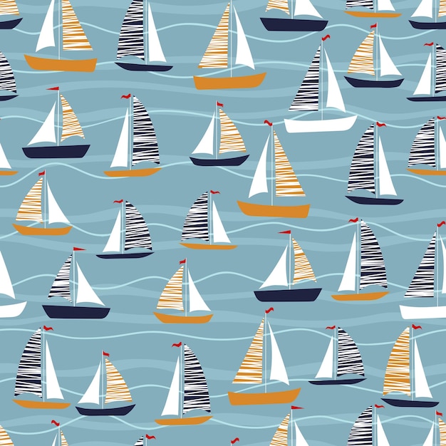 Seamless pattern with boats Sailboats on the waves
