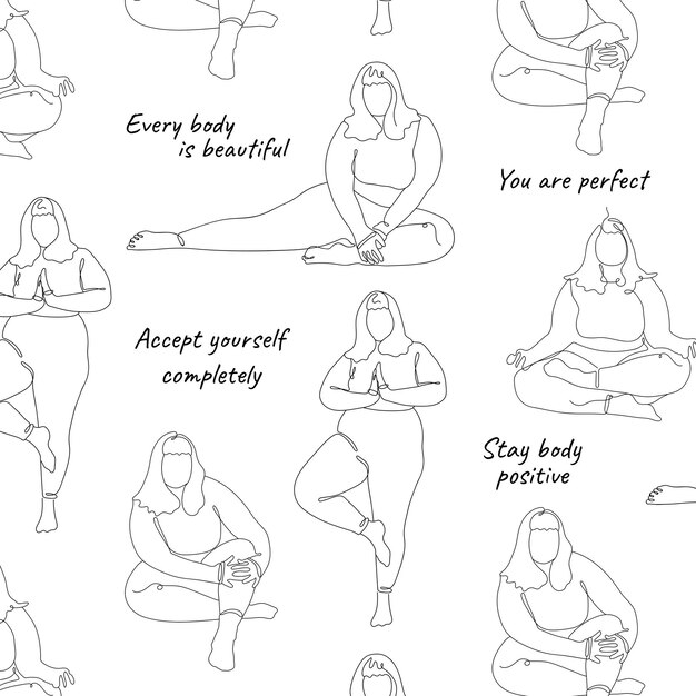 Vector seamless pattern with body positive girls on white background. line art style girls doing yoga.
