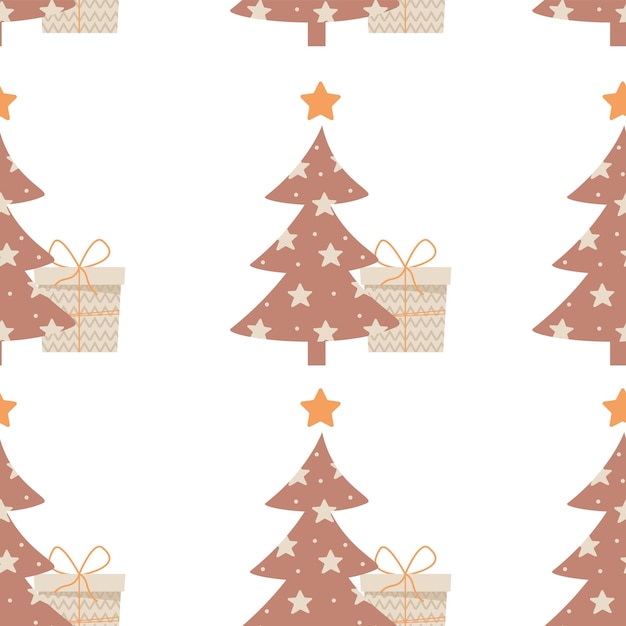 Seamless pattern with boho new year trees with gift boxes in beige color