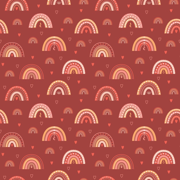 Vector seamless pattern with boho rainbows hearts and boho elements perfect for packaging paper home textiles vector illustrations on a brownred background