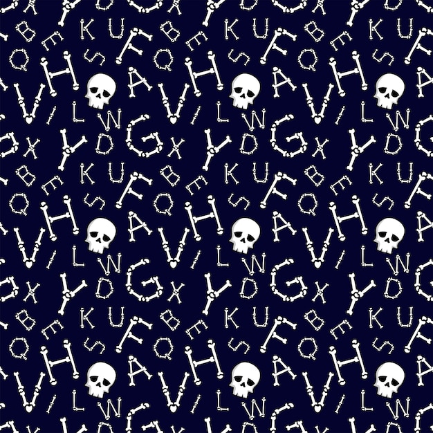 Seamless pattern with bones scary font latin alphabet