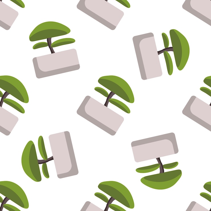 Vector seamless pattern with bonsai tree in pot on white background modern vector illustrationxaxa