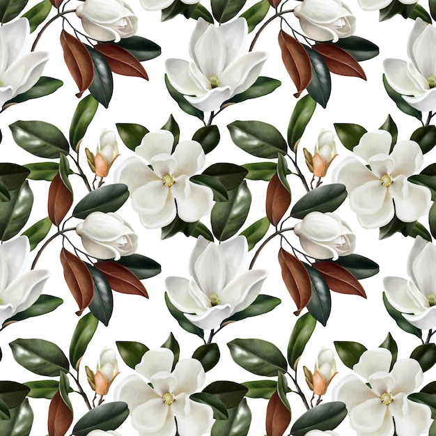 Seamless pattern with botanical realistic magnolias flowers