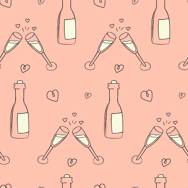 Seamless pattern with a bottle of champagne and glasses.