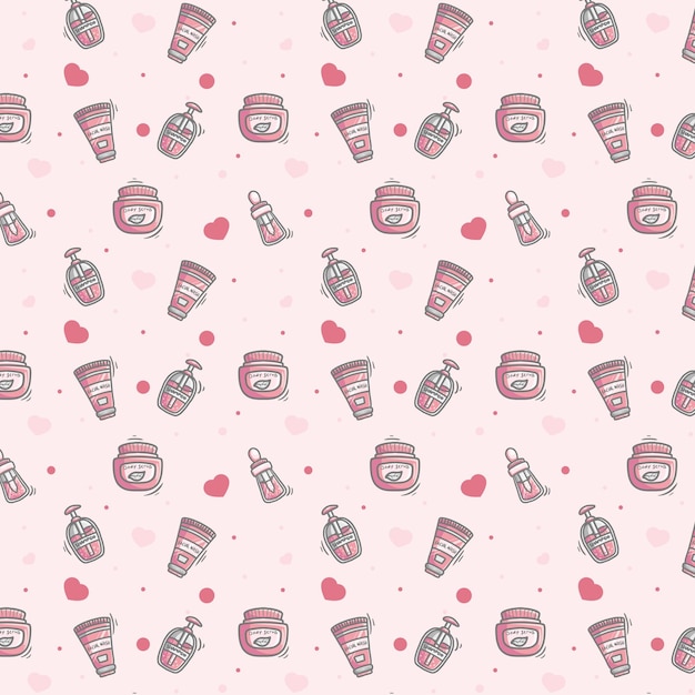 Seamless pattern with bottles of skincare on a pink background