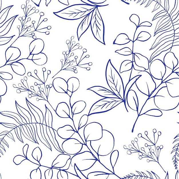 Seamless pattern with bouquet of blue fern eucalyptus and herbs on white background