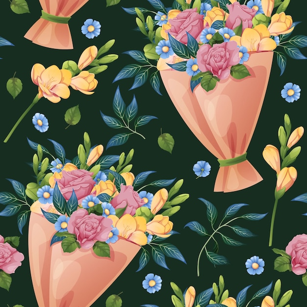 Vector seamless pattern with bouquet of roses and freesia birthday floral background festive texture for wrapping paper cards fabric wallpaper