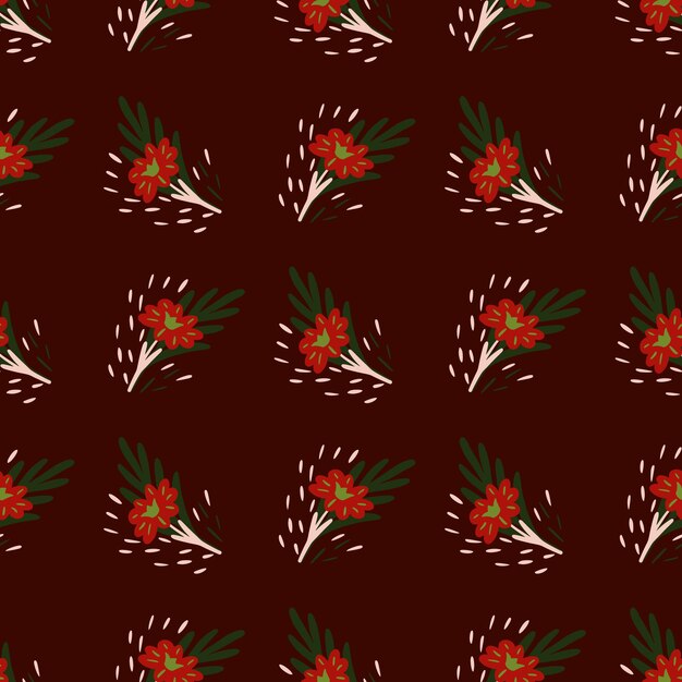 Seamless pattern with bouquets of small flowers on brown background. Vector floral template in doodle style. Gentle summer botanical texture.