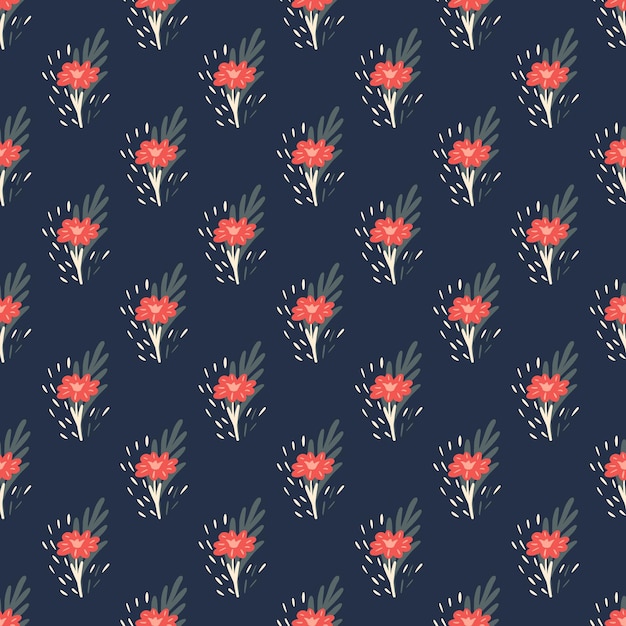 Seamless pattern with bouquets of small flowers on dark blue background. Vector floral template in doodle style. Gentle summer botanical texture.