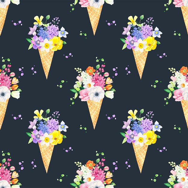 Seamless pattern with bouquets of summer flowers in a waffle cup