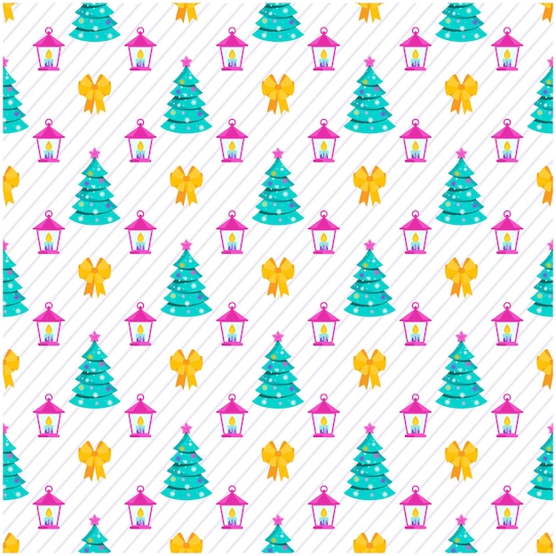 Seamless pattern with bow, lantern and tree. Traditional decoration for greeting cards for for Merry Christmas and Happy New Year. Flat vector illustration.