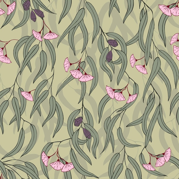 A seamless pattern with a branch of eucalyptus and leaves.