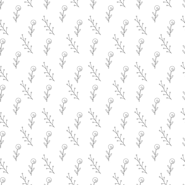 Seamless pattern with branch and flower abstract Cartoon black and white vector illustration