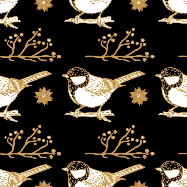 枝、花、鳥とのシームレスなパターン。黒のレトロな背景に描かれた冬シジュウカラ。