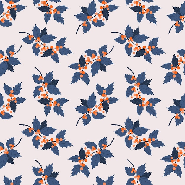 Seamless pattern with branches and holly berries Flat style