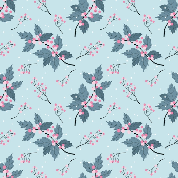 Seamless pattern with branches and holly berries on a light blue background Flat style