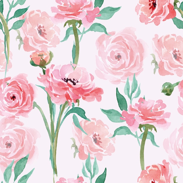 Seamless pattern with branches with watercolor blooming ranunculus. vector illustration