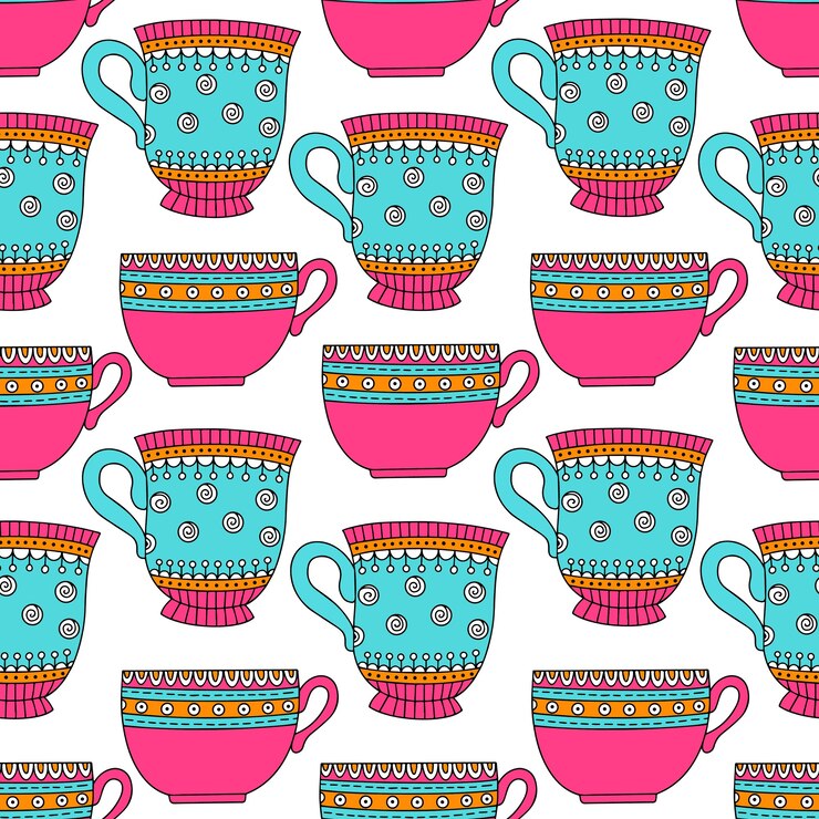 Vector seamless pattern with bright blue and pink cups on a white background.