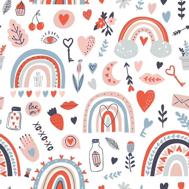 Seamless pattern with bright color rainbows.valentine's day pattern