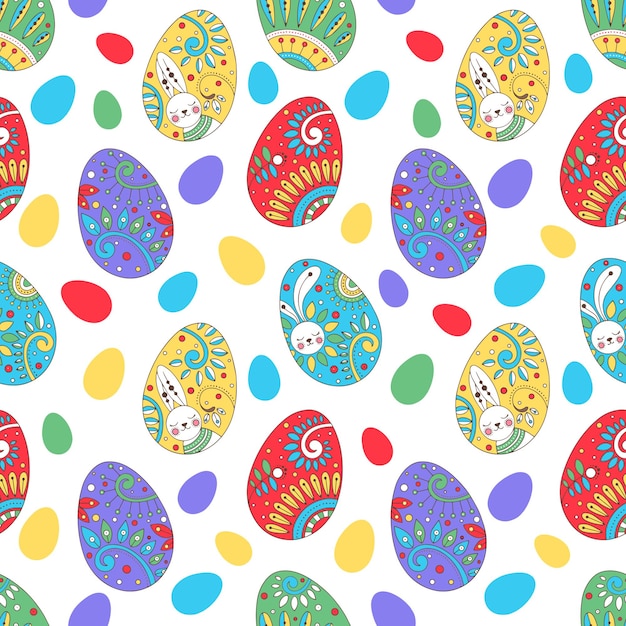 Vector seamless pattern with bright colorful easter eggs on white background.