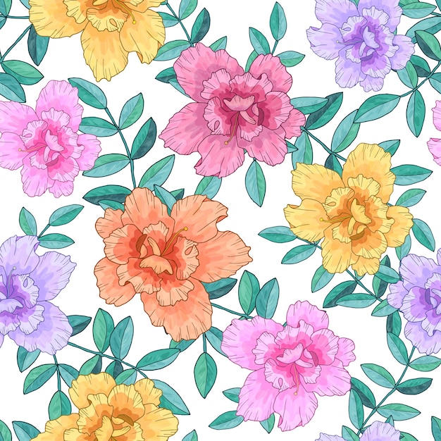 Seamless pattern with bright flowers and branches with green leaves. Hand drawn   wallpaper