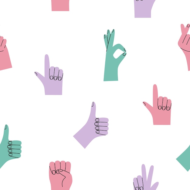 Seamless pattern with bright hand gestures Positive vector wallpaper Stationary decorating wrapping paper clothes design