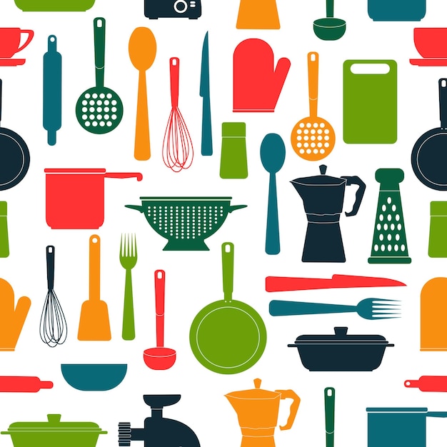 Вектор Бесшовный фон с яркими кухонными принадлежностями. кухонная утварь и кухонное оборудование.
