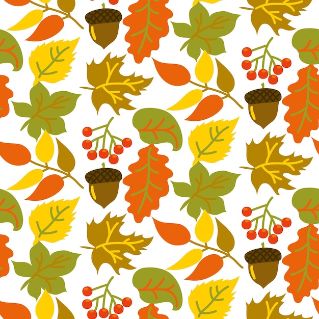 Seamless pattern with bright leaves acorns and berries on a white background in a flat style Autum