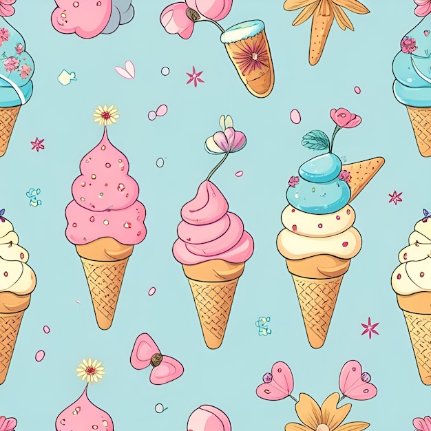 Vector seamless pattern with bright summer ice creams and sprinkled flowers on a sky blue background