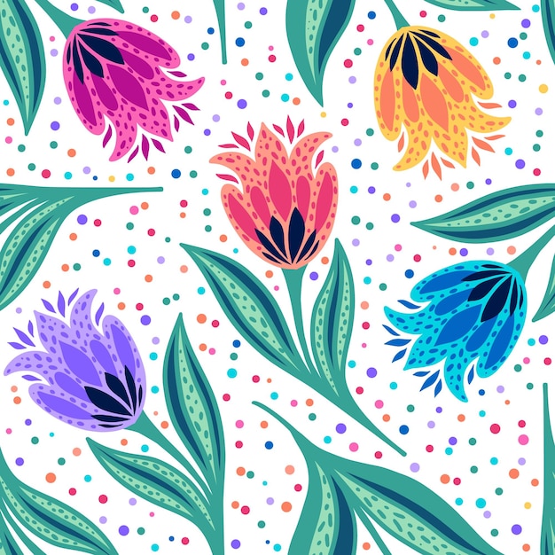 Seamless pattern with bright tulips